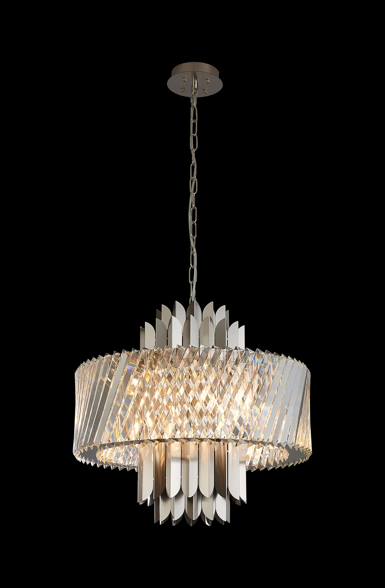 Lola Satin Nickel Crystal Ceiling Lights Diyas Ringed & Square Crystal Fittings